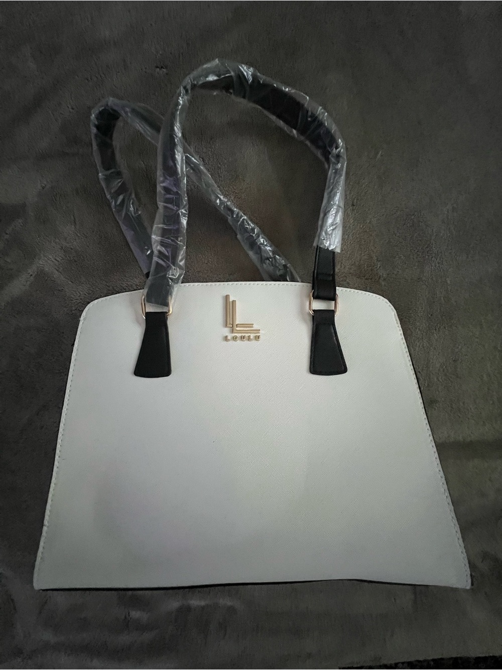 Women's Structured Tote Handbag in White with Black Handles